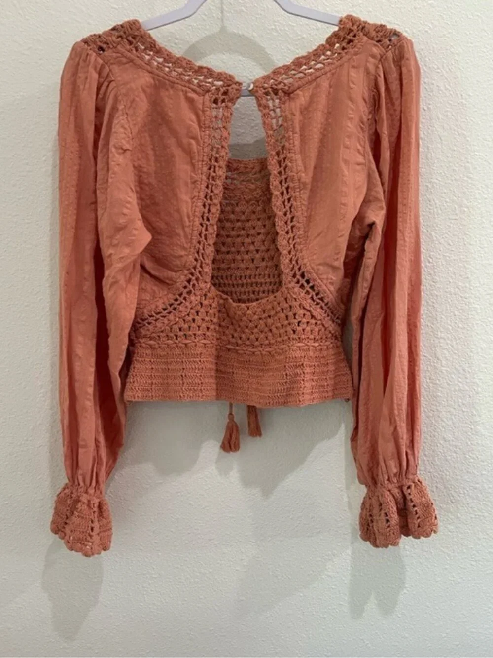 Free People Crochet Feminine Long Sleeve Top Boho Puff Sleeve Vintage